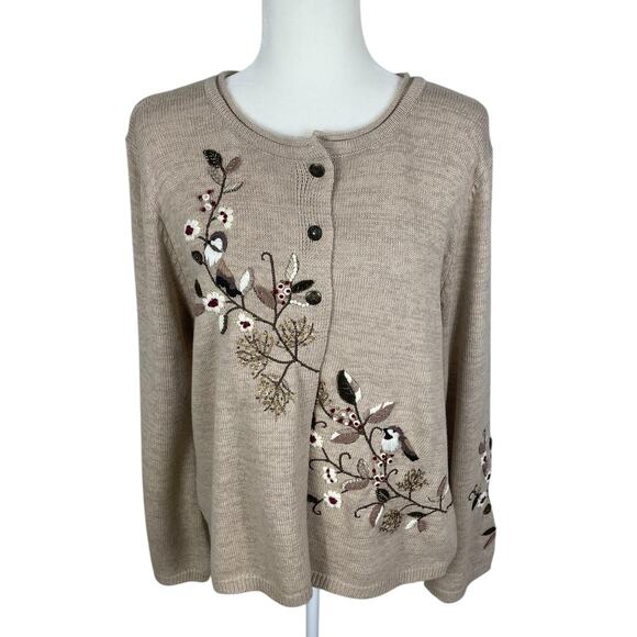 Coldwater Creek Sweaters - Coldwater Creek Embroidered Button Front Cardigan Sweater Beige Sz Large Holiday